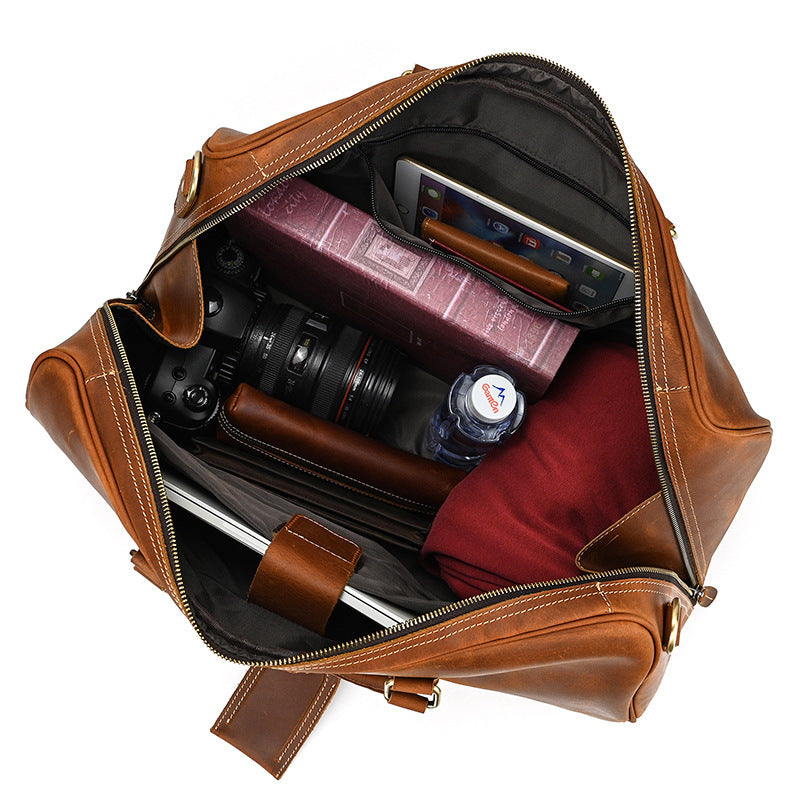 20-Inch Vintage Crazy Horse Leather Travel Duffle, Large Capacity Top Handle Shoulder Luggage Bag, Premium Cowhide Weekender for Men