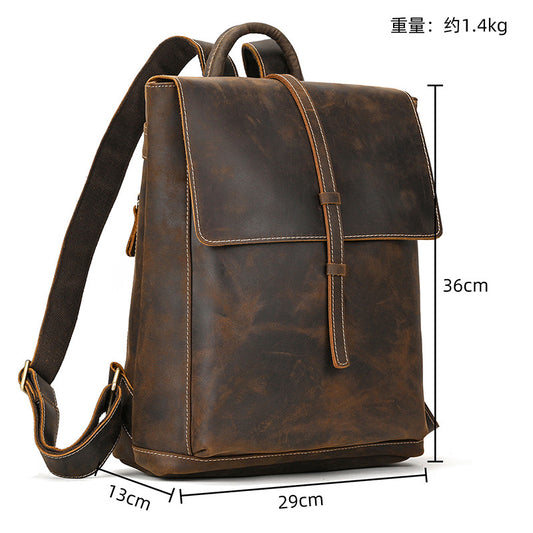15-Inch Vintage Crazy Horse Leather Flap Backpack, Top Layer Cowhide Commute Laptop Daypack, Travel School Bag for Men and Women