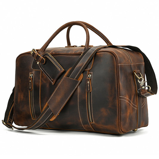Vintage Crazy Horse Leather Large Capacity Travel Duffle, Top Handle Cowhide Luggage Bag, Premium Weekender for Men and Women