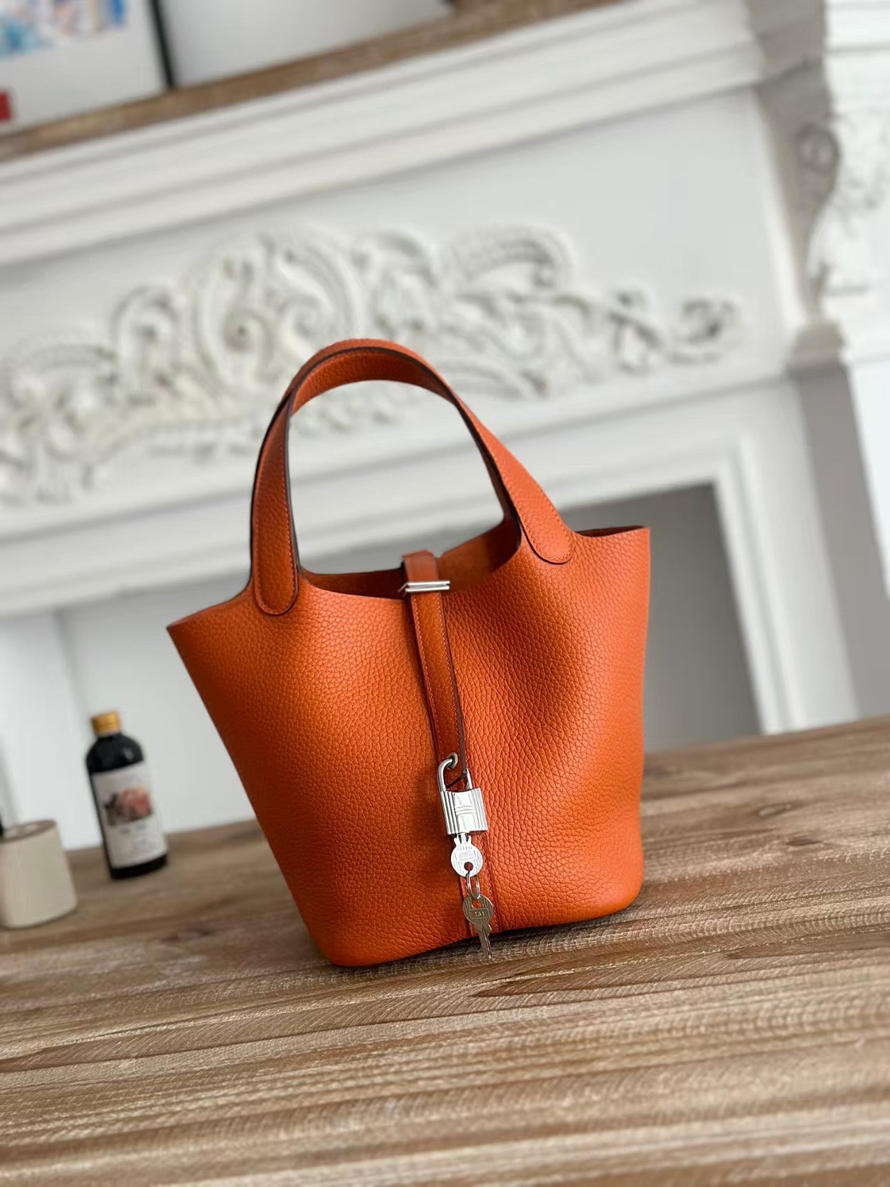 Genuine TC Cowhide 18cm Basket Bucket Bag for Women, Hermès-Style High-Quality Top Handle Handbag, New Premium Leather Purse for Ladies