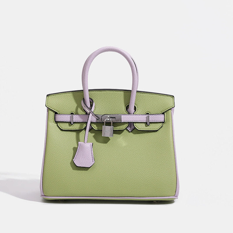 Genuine Pebbled Leather Birkin-Style Top Handle Bag for Women, New Arrival Large Capacity Color Block Purse, Premium Chic Handbag for Ladies