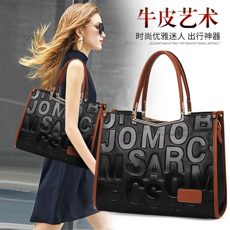 Genuine Cowhide Letter Handbag for Women, New Trendy Large Capacity Shoulder Crossbody Top Handle Purse, Fashionable Everyday Bag for Ladies