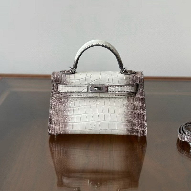 Genuine Leather High-Gloss Crocodile-Embossed Kelly-Style Bag for Women, New 2nd Gen Mini Top Handle Shoulder Purse, Premium Handbag for Ladies