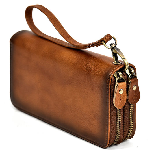 Crazy Horse Leather Double-Layer Zipper Long Wallet, Vintage Casual Clutch, Premium Cowhide Handgrip Bag for Men