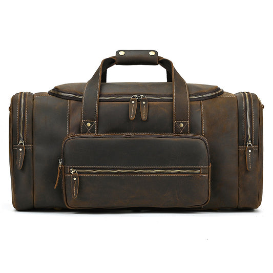 Vintage Crazy Horse Leather Large Capacity Travel Duffle, Top Layer Cowhide Luggage Bag, Premium Weekender for Men