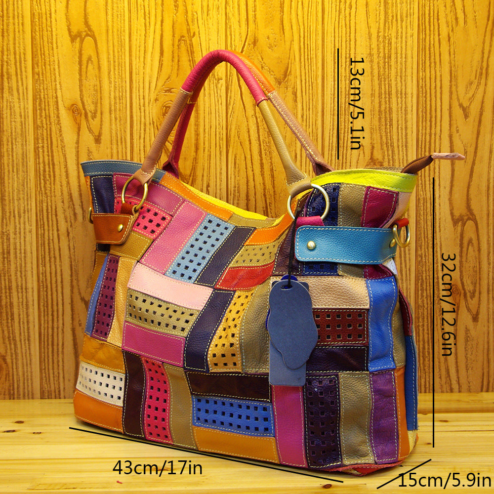Genuine Top Layer Cowhide Color Block Patchwork Tote Bag for Women, New Arrival Unique Design Large Capacity Top Handle Crossbody Handbag, Trendy Casual Purse for Ladies