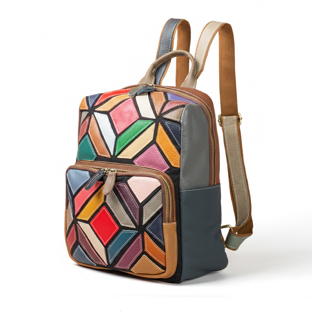 Premium Top-Layer Cowhide Leather Bohemian Backpack for Women | Geometric Color-Block Patchwork Design with Artistic Boho Flair | Large-Capacity Spacious Daypack for Travel, School & Daily Outings | Trendy Unique Backpack with Vibrant Personality & T