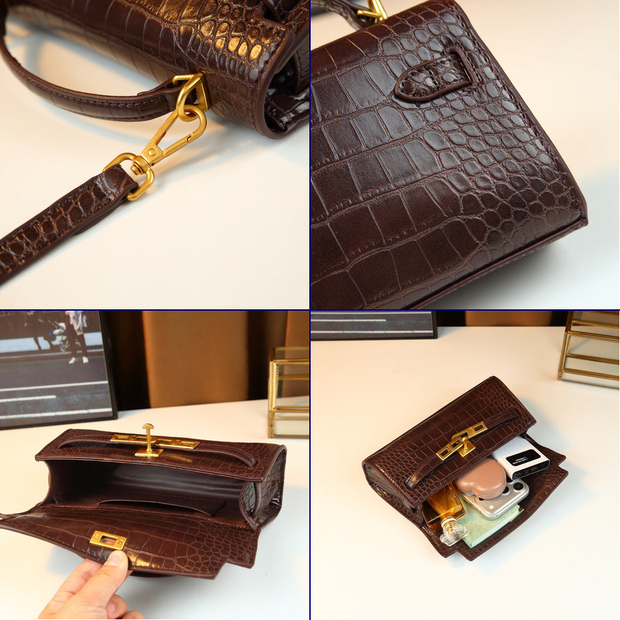 Chic Korean Style Light Luxury Croc-Effect Kelly-Inspired Handbag for Women, A Small Exquisite Top-Handle Bag with Turn-Lock Design & Premium Feel