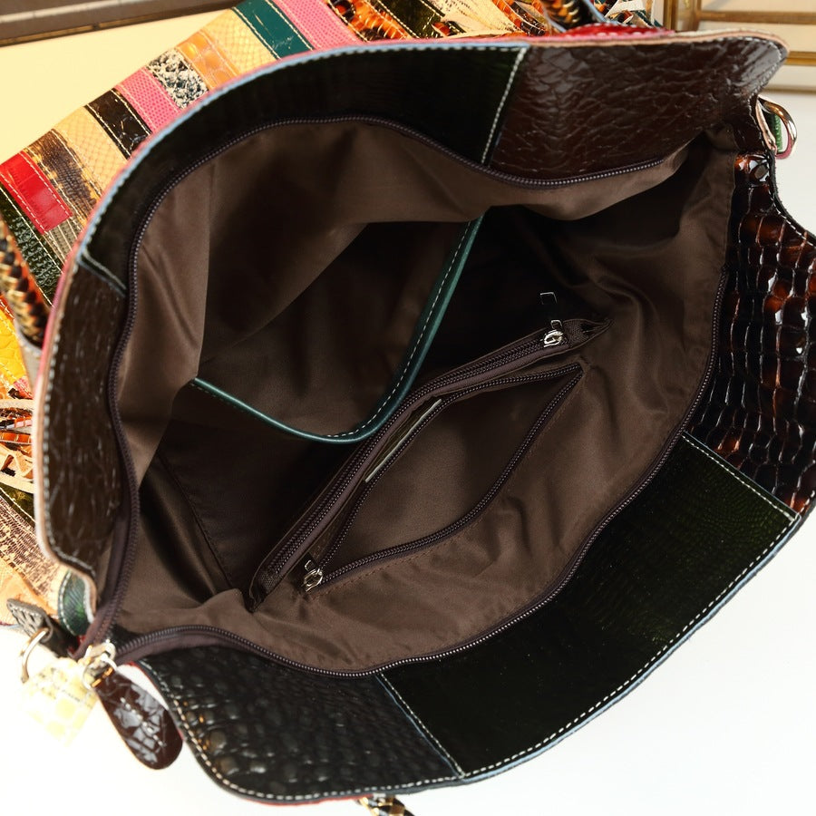 New Arrival Colorful Strap Genuine Leather Tote Bag for Women, A Casual Large Crossbody Shoulder Handbag with Unique Spliced Design