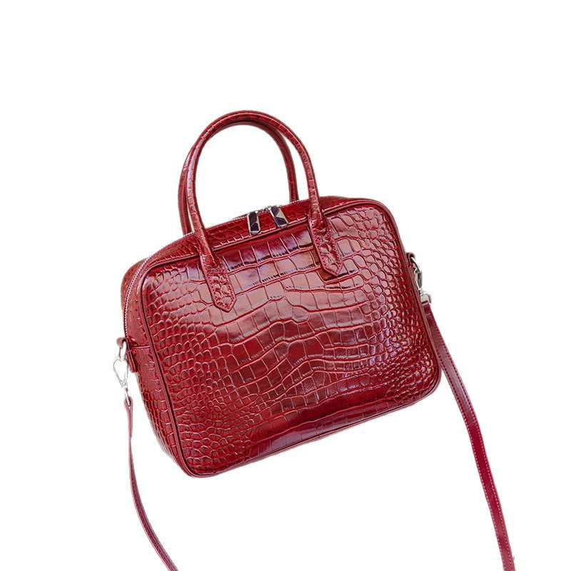 Genuine Leather Crocodile-Embossed Boston Bag for Women, New Stylish Large Capacity Commute Top Handle Crossbody Purse, Versatile Handbag for Ladies