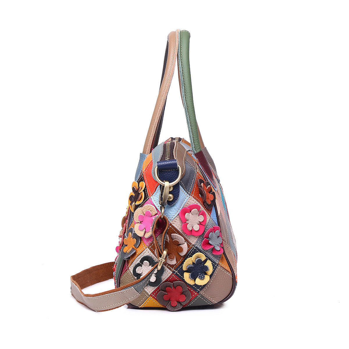Genuine Leather European Casual Ethnic Vintage Handbag for Women, Handmade Colorful Floral Shoulder Crossbody Top Handle Purse, Boho Designer Bag for Ladies