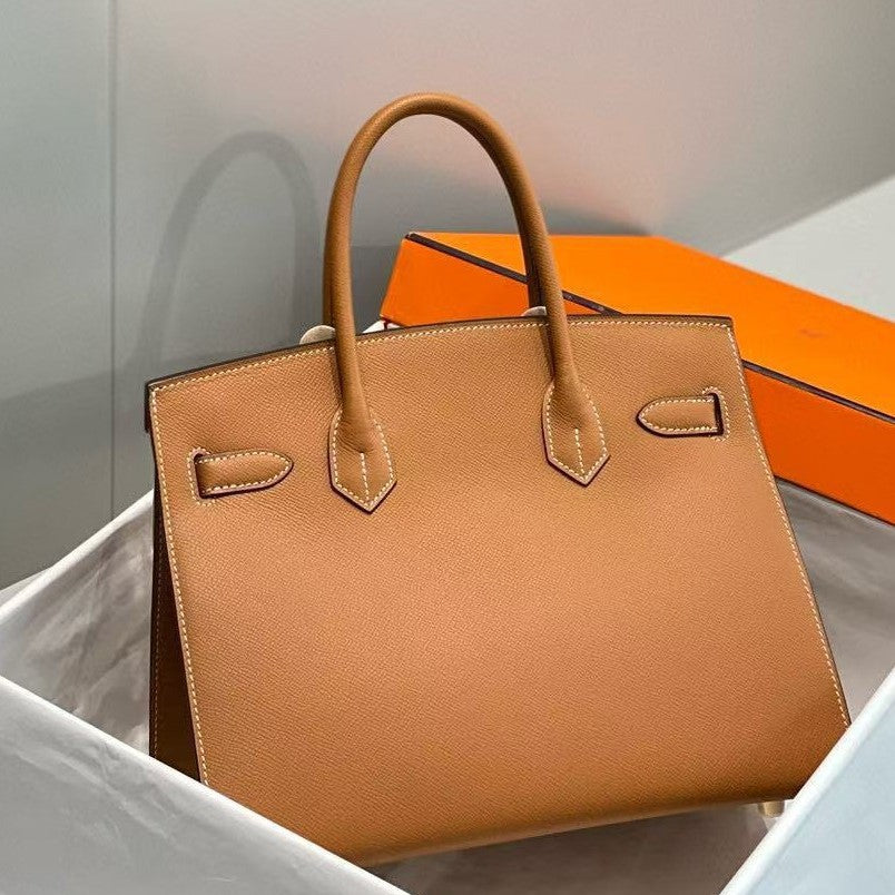Top Layer Cowhide Birkin-Style Bag with External Stitching BK25/30, Large Capacity Versatile Top Handle Handbag, Premium Leather Purse for Ladies