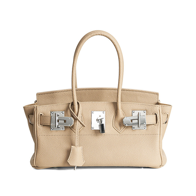Premium Top-Layer Cowhide Leather Tote Bag for Women, High-Quality Pebbled Texture with Spacious Large Capacity, Versatile Commuter Top-Handle Handbag with Turn-Lock Closure