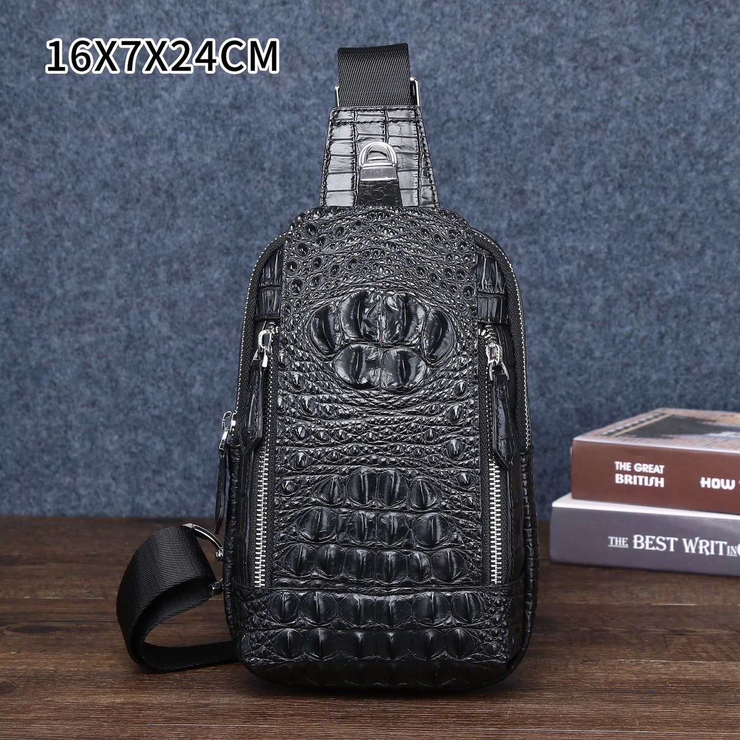 New Arrival Croc-Effect Casual Outdoor Chest Bag for Men, A Top-Layer Cowhide Crossbody Shoulder Waist Pack with Sporty Versatile Design