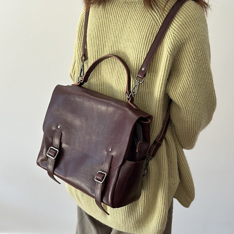 Vegetable-Tanned Leather Backpack for Women, Large Capacity Commute Travel Daypack, Versatile Shoulder Crossbody Top Handle Bag, Casual Everyday Purse for Ladies
