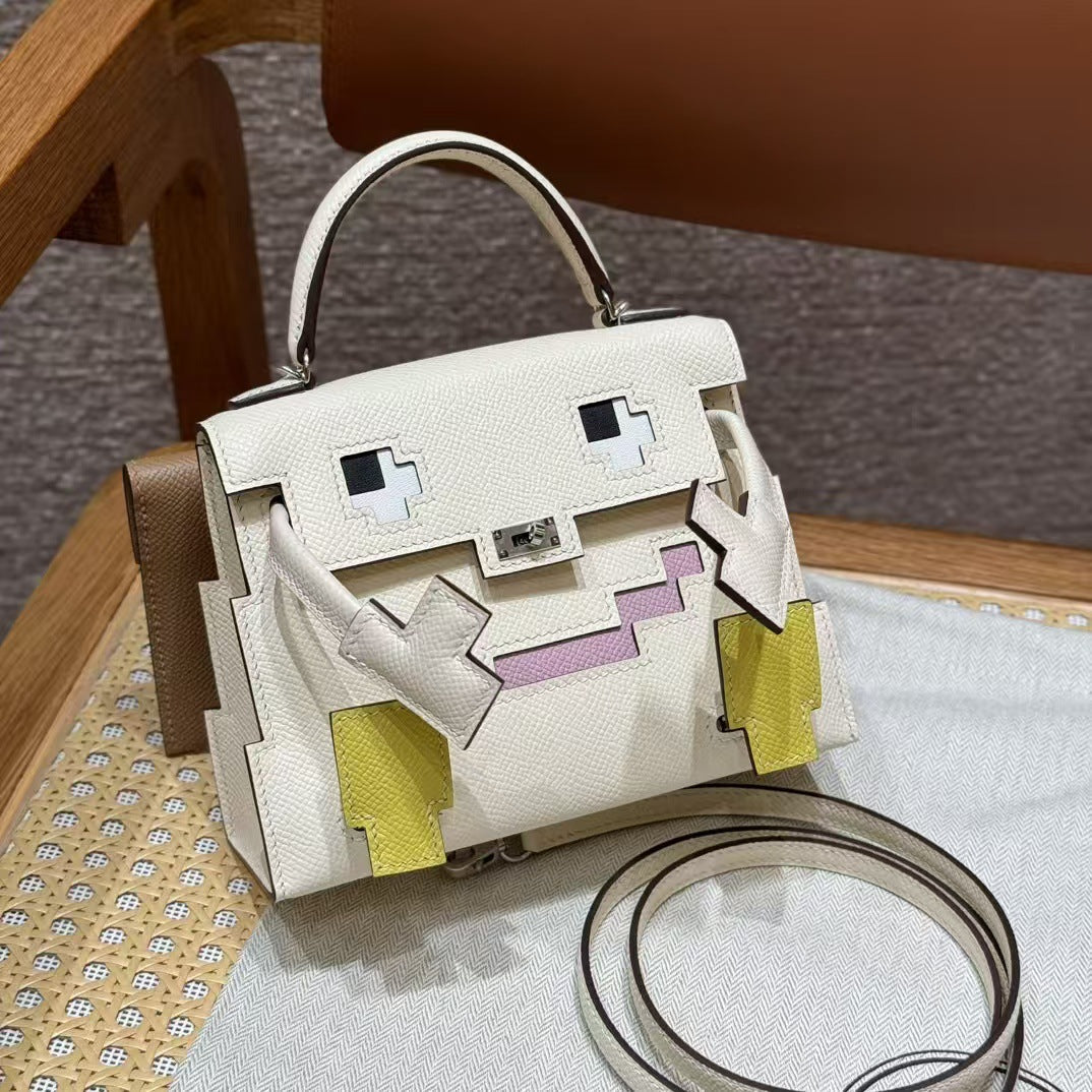 Mini Robot Doll Cross-Body Bag for Women, Hermès-Inspired Mosaic Pattern Bag with Vintage Lock, Epsom Leather Kelly-Style Shoulder Purse, Cute Novelty Handbag for Daily Wear