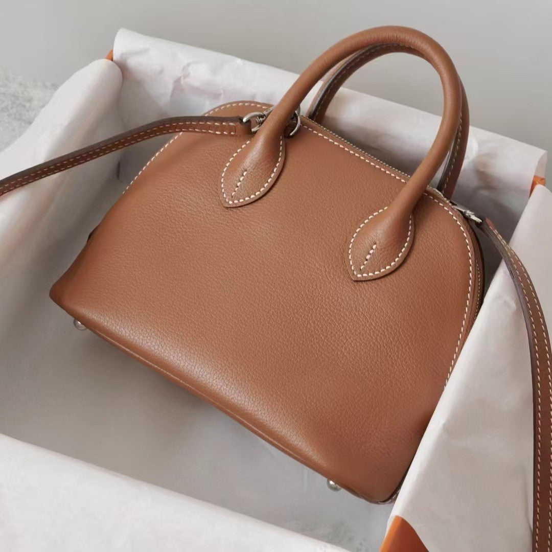 Genuine Leather Crossbody Bag for Women, Hermès-Inspired Bolide Mini Bowling Tote Bag, Top-Grain Cowhide Leather Shell-Shaped Handbag with Top Handle and Shoulder Strap, Lightweight Luxury Niche Designer Purse