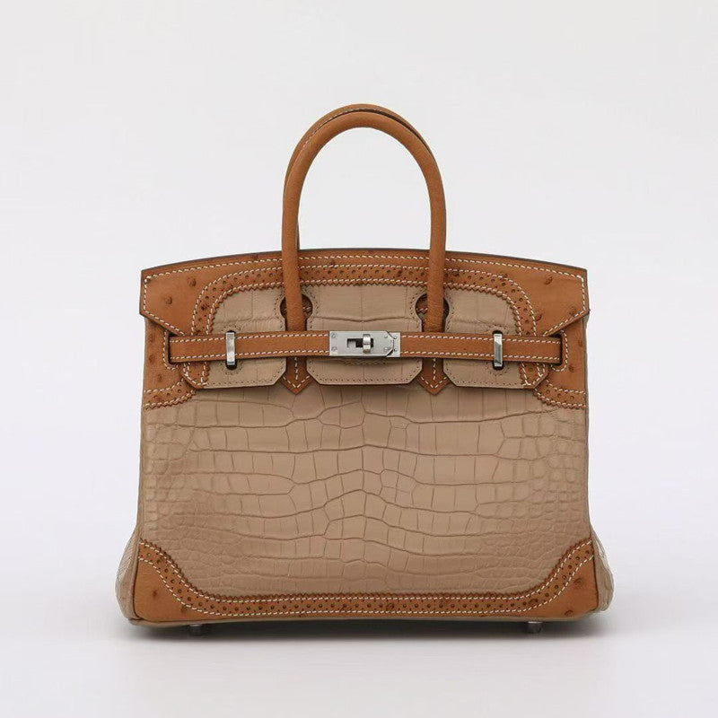 Premium Croc-Effect & Ostrich-Effect Birkin-Inspired Tote Bag for Women, Genuine Leather Large Capacity Business Handbag with Versatile Shoulder Crossbody Carry