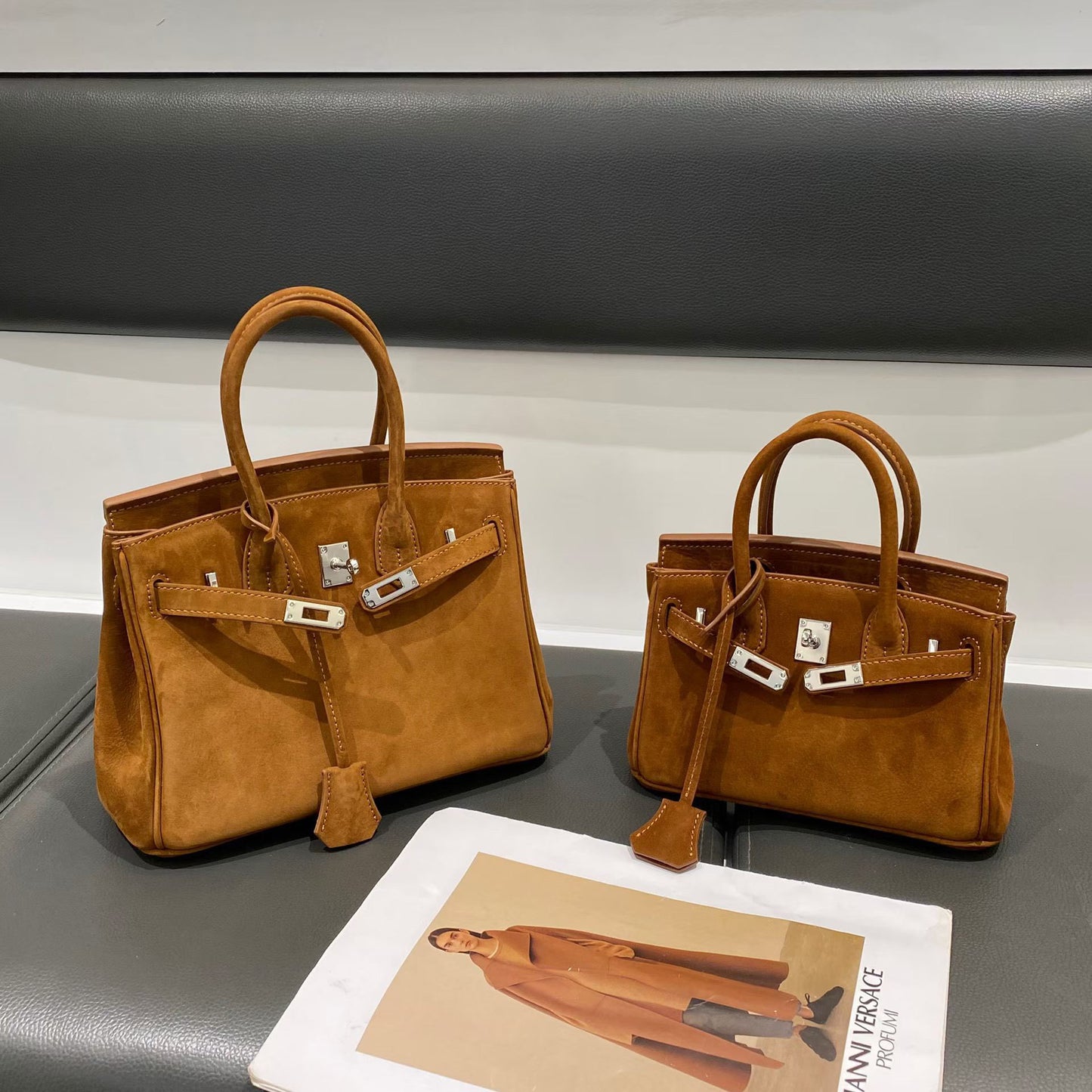 Genuine Cowhide Suede Birkin-Style Handbag for Women, New Premium Shoulder Top Handle Purse, Maillard Style Fashionable Chic Bag for Ladies