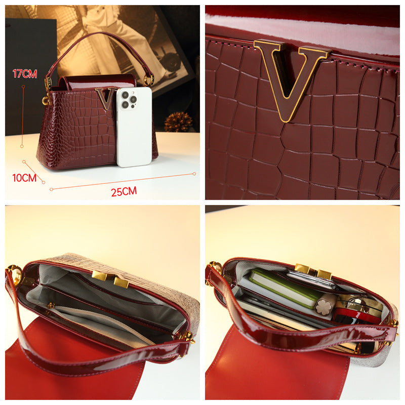 New Arrival Patent Croc-Effect Bucket Bag for Women, A Fashionable Genuine Leather Shoulder Crossbody Handbag with Versatile Design, Perfect for Moms