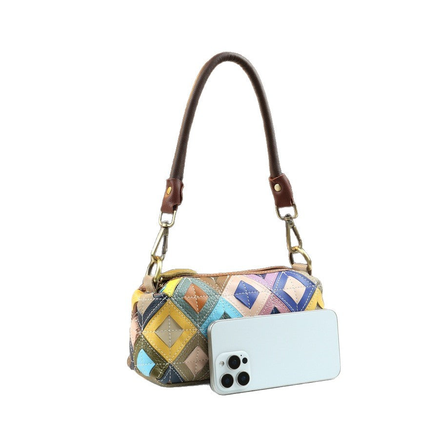 Pebble Grain Leather Colorful Checkered Pillow Bag for Women Ethnic Shoulder Crossbody Handbag, Random Color-Block Purse with Unique Design