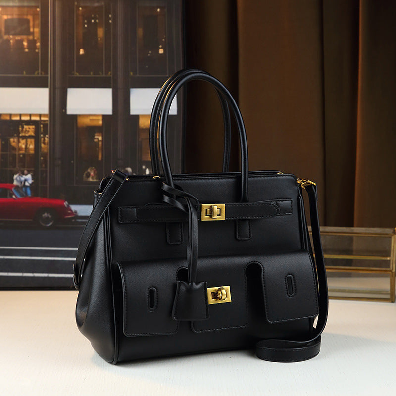 Designer Lock Buckle Multi-Pocket Tote Bag for Women Black Large Capacity Shoulder Crossbody Handbag, Versatile Biker-Style Purse with Edgy Hardware