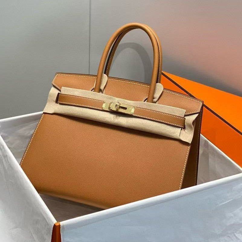 Top Layer Cowhide Birkin-Style Bag with External Stitching BK25/30, Large Capacity Versatile Top Handle Handbag, Premium Leather Purse for Ladies