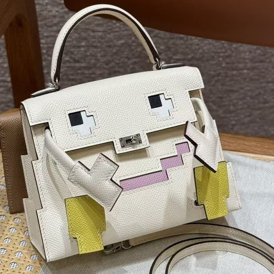 Mini Robot Doll Cross-Body Bag for Women, Hermès-Inspired Mosaic Pattern Bag with Vintage Lock, Epsom Leather Kelly-Style Shoulder Purse, Cute Novelty Handbag for Daily Wear
