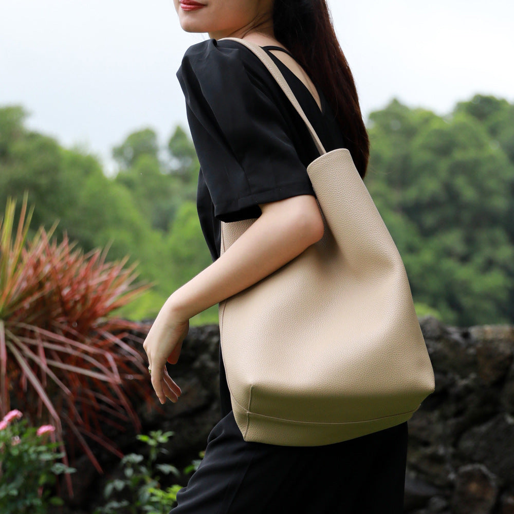 Cowhide Bucket Tote Bag for Women Minimalist Slouchy Shoulder Handbag, Large Capacity Genuine Leather Purse with Versatile Everyday Style