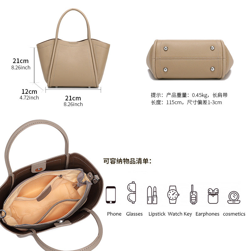 Top Layer Cowhide Basket Bucket Tote Bag for Women Large Capacity Casual Shoulder Handbag, Bestselling Purse with Trendy Elegant Design