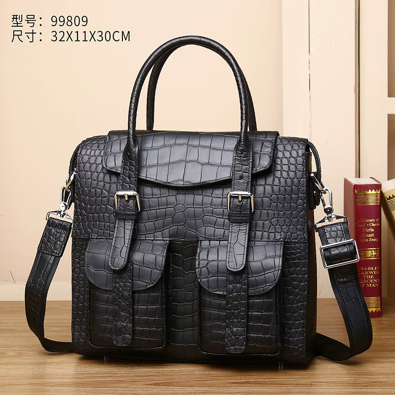 Genuine Leather Men's Laptop Crossbody Bag Large Capacity Multi-Compartment Business Handbag with Matte Crocodile Texture