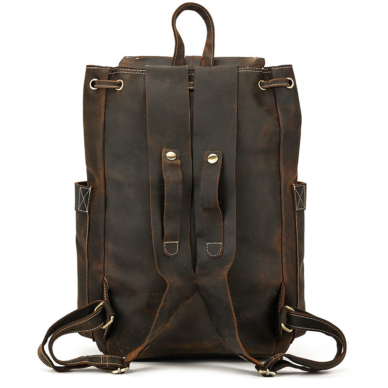 Crazy Horse Leather Flap Drawstring Large Capacity Backpack, Casual School Travel Rucksack, Versatile Daypack for Men and Women
