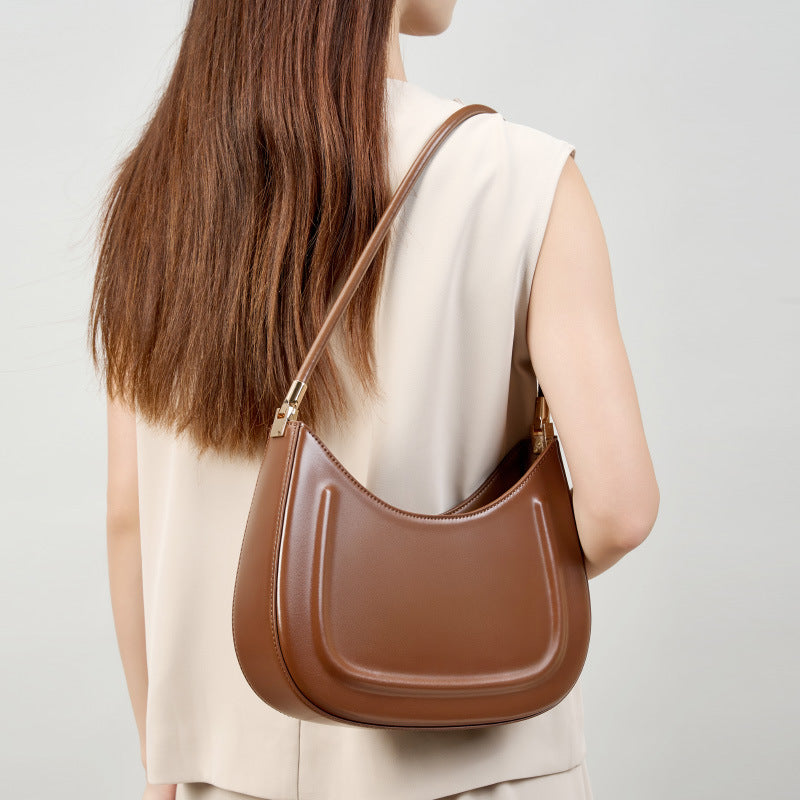 Genuine Black Cowhide Saddle Bag for Women, New Niche Baguette Shoulder Crossbody Top Handle Purse, Premium Commute Underarm Handbag for Ladies