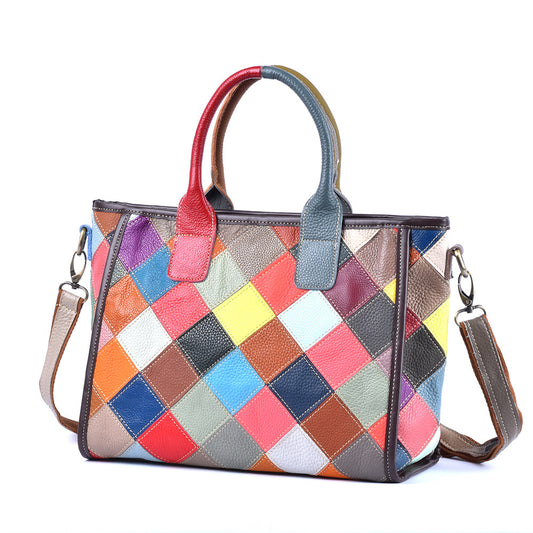 Genuine Cowhide Plaid Color Block Patchwork Handbag for Women, Handmade Top Handle Shoulder Crossbody Purse, Designer Leather Bag for Ladies