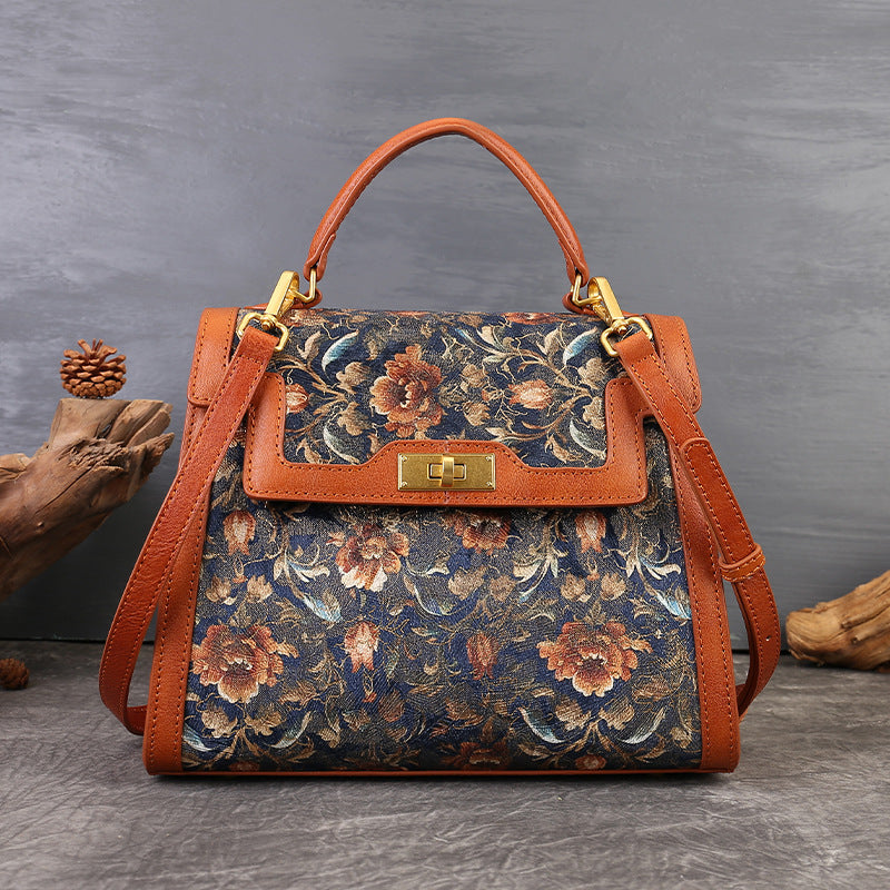 Genuine Leather Floral Embroidered Kelly-Style Bag for Women, Vintage Patchwork Top Handle Shoulder Crossbody Purse, Elegant Commute Handbag for Ladies