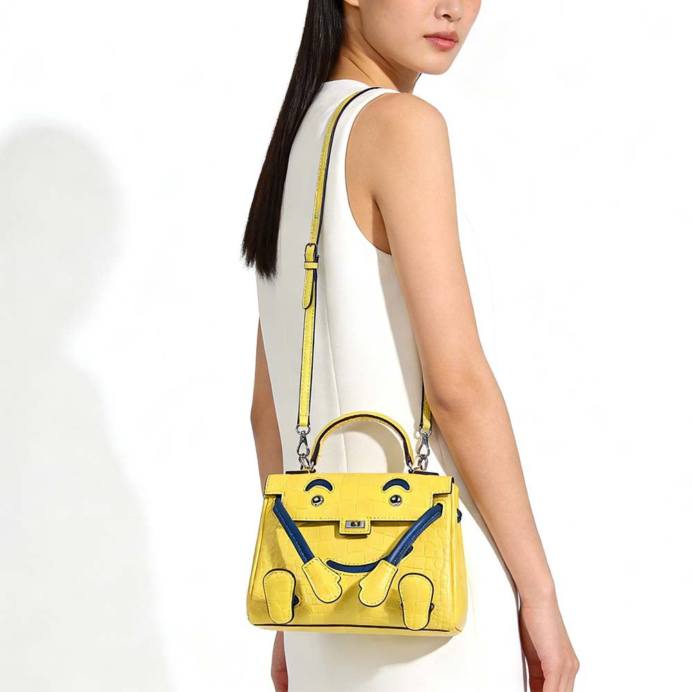 Genuine Leather Crocodile-Embossed Smiley Face Kelly-Style Bag for Women, New Millennium Doll Small Square Crossbody Shoulder Purse, Trendy Handbag for Ladies