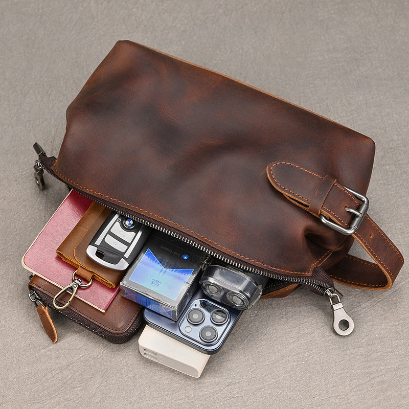 Top Layer Cowhide Large Capacity Toiletry Bag, Makeup Cosmetic Storage Pouch, Cross-Border Travel Organizer Clutch for Women