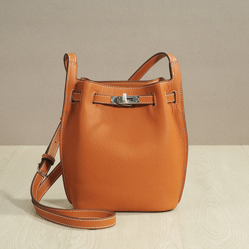 Genuine Top Layer Cowhide Kelly-Style Bucket Bag for Women, Casual Lock Buckle Crossbody Shoulder Purse, Versatile Everyday Handbag for Ladies