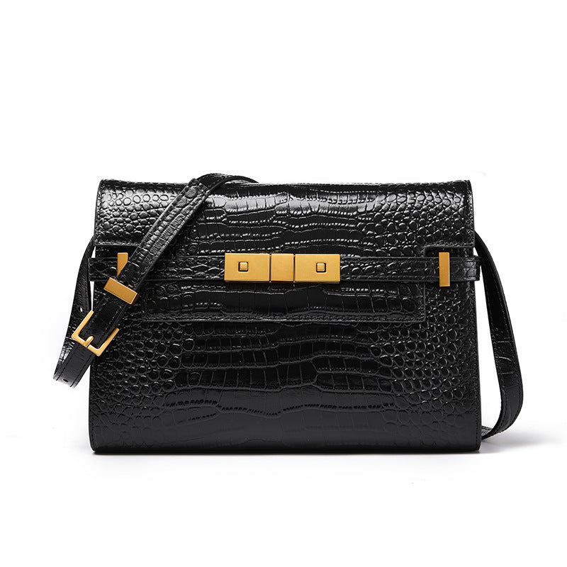 New Arrival Vintage Croc-Effect Baguette Messenger Bag for Women, A Genuine Leather Underarm Top-Handle Handbag with Manhattan-Style Structured Design