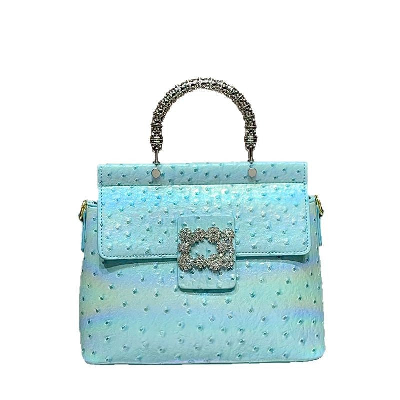 Genuine Leather Ostrich-Embossed Handbag for Women,New Premium Rhinestone Top Handle Crossbody Purse, Fashionable Bag for Ladies