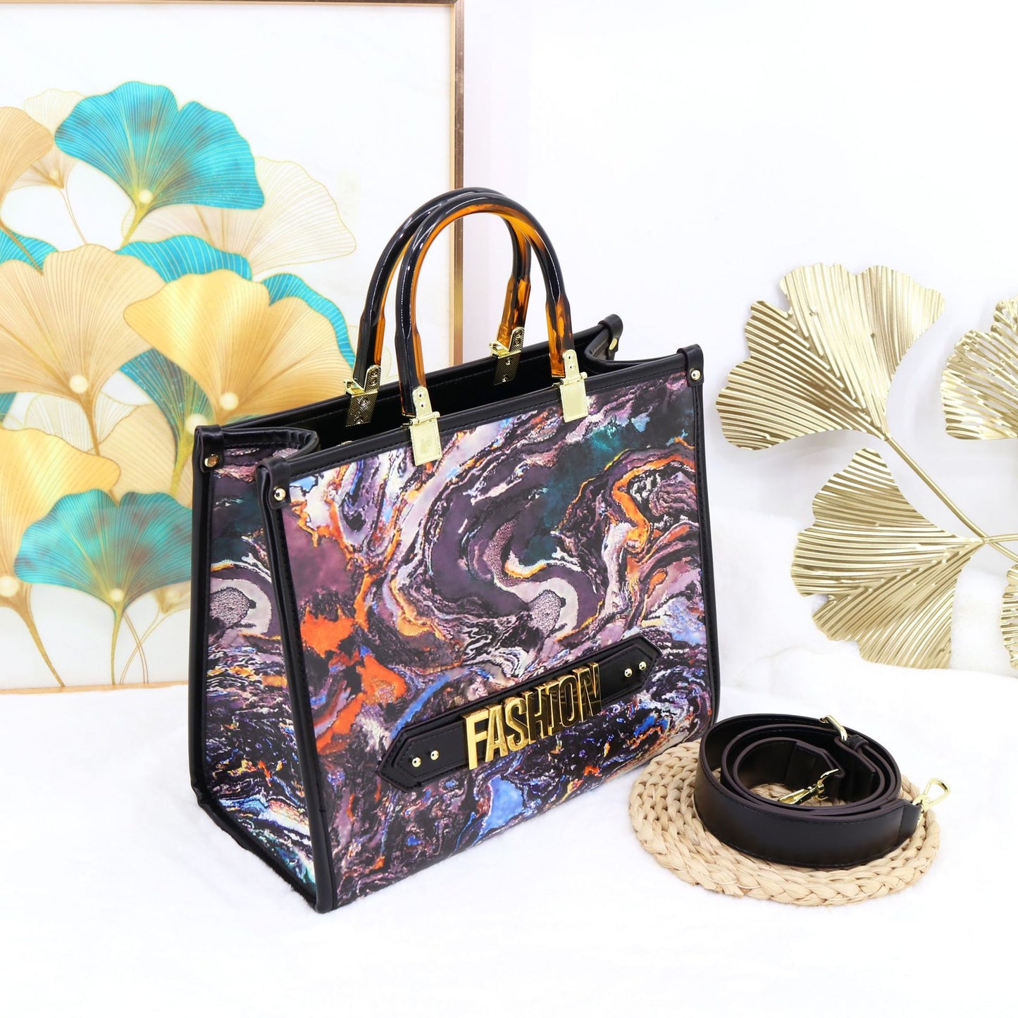 Genuine Leather Large Capacity Tote Bag for Women, Fashion "FASHION" Letter Print Top Handle Handbag, Stylish Ladies Tote Purse