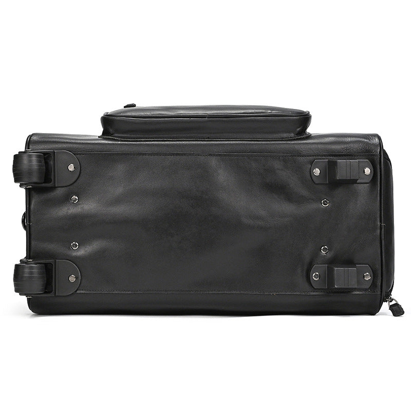 Black Genuine Leather Rolling Business Travel Duffle, Large Capacity Suitcase Luggage with Top Handle, Perfect Weekender for Men and Women