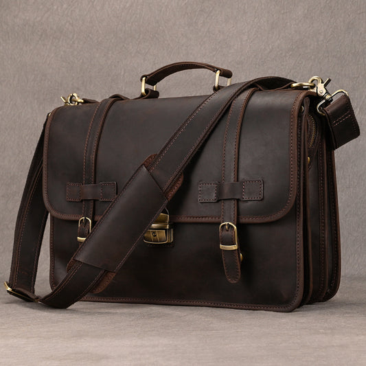 Genuine Top Layer Crazy Horse Cowhide Business Briefcase for Men, Vintage Shoulder Crossbody Messenger Bag, Leather Document File Bag for Gentlemen