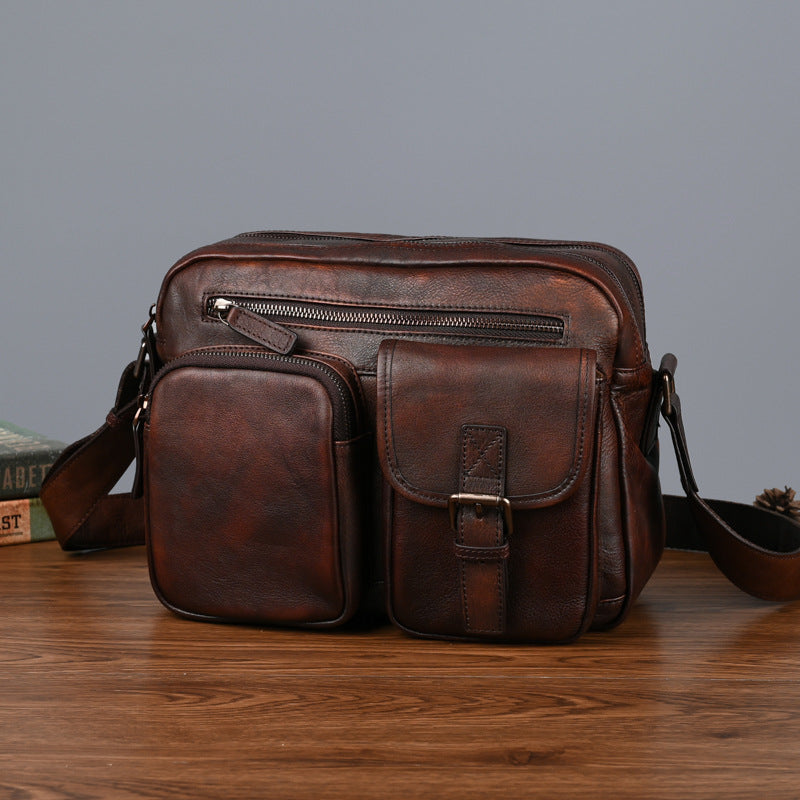 Genuine Italian Top Layer Cowhide Leather Crossbody Bag for Men, Hand-Stained Casual Shoulder Handbag, Premium Quality Top Handle Purse for Gentlemen