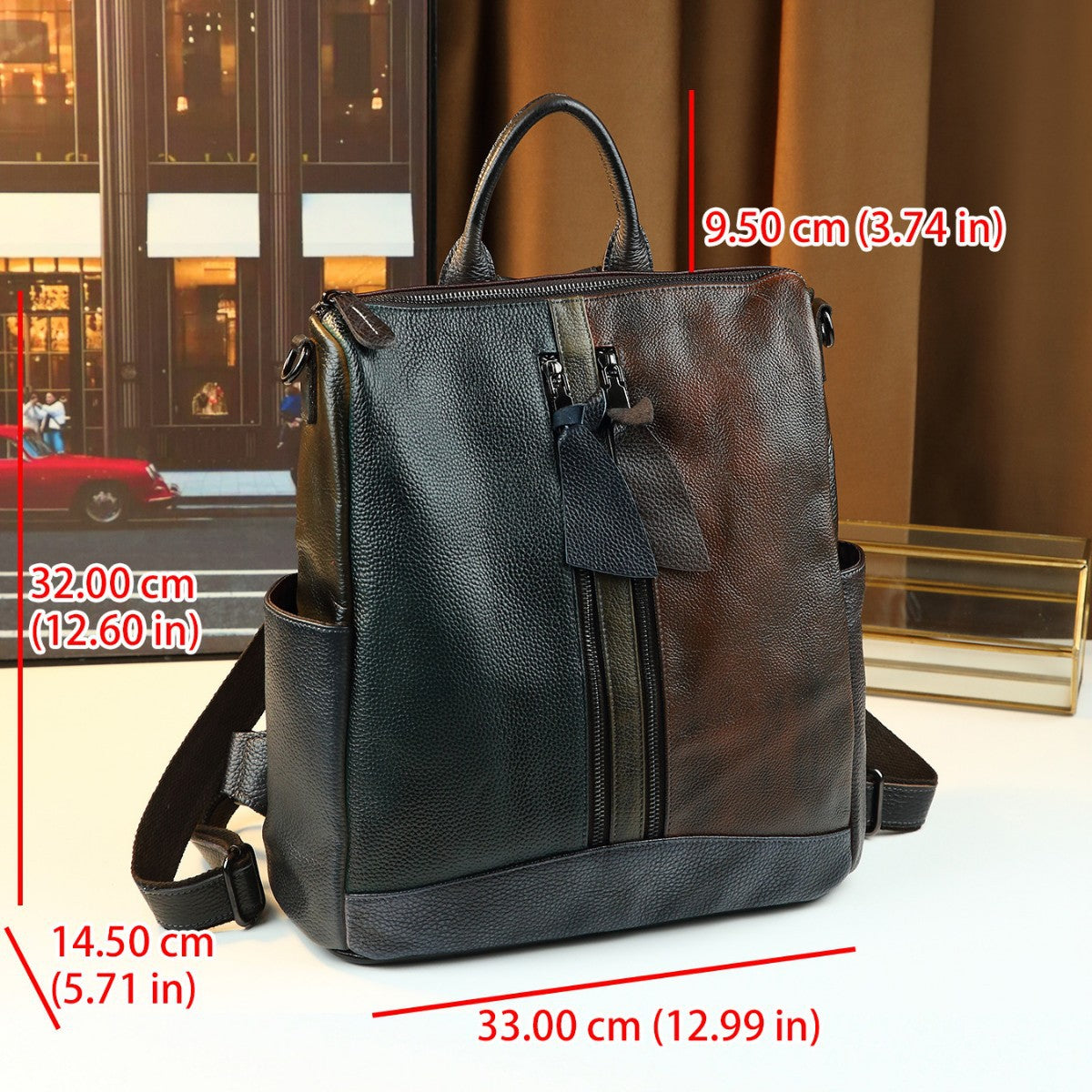 Color-Block Cowhide Backpack for Women Lightweight Travel Shoulder Handbag with Large Capacity and Versatile Casual Design
