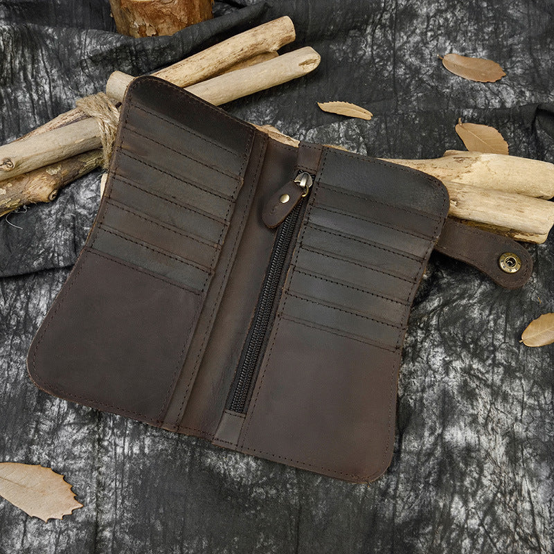 Crazy Horse Leather RFID Blocking Long Wallet for Men, Anti-Theft Chain Clutch, Secure Card Holder Money Bag for Gentlemen