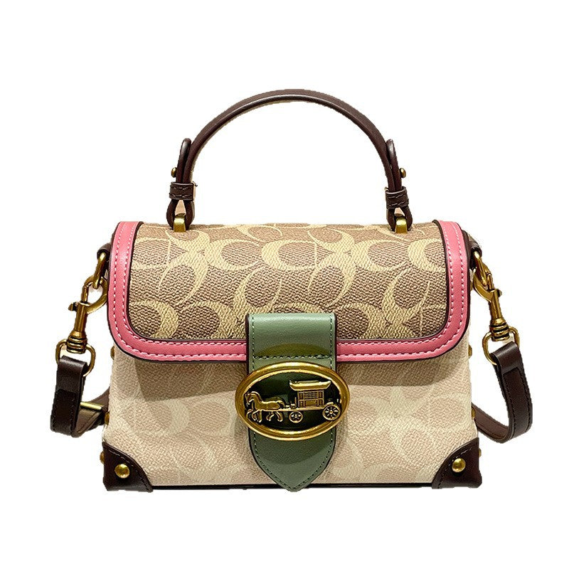 Genuine Leather Color Block Printed Box Bag for Women, Niche Fashionable Premium Shoulder Crossbody Purse, Unique Designer Handbag for Ladies