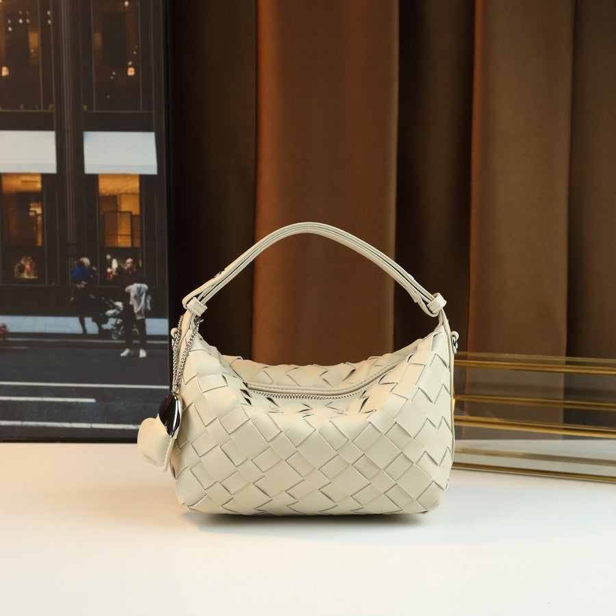 Genuine Leather Woven Bento Bag for Women Lunch Box Shoulder Underarm Handbag, Quilted Picnic Style Purse with Artisan Texture
