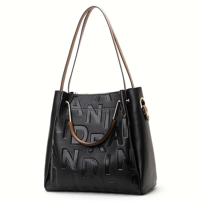 Genuine Leather Large Capacity Bucket Bag for Women, New Trendy Shoulder Crossbody Top Handle Purse, Letter Design Handbag for Ladies