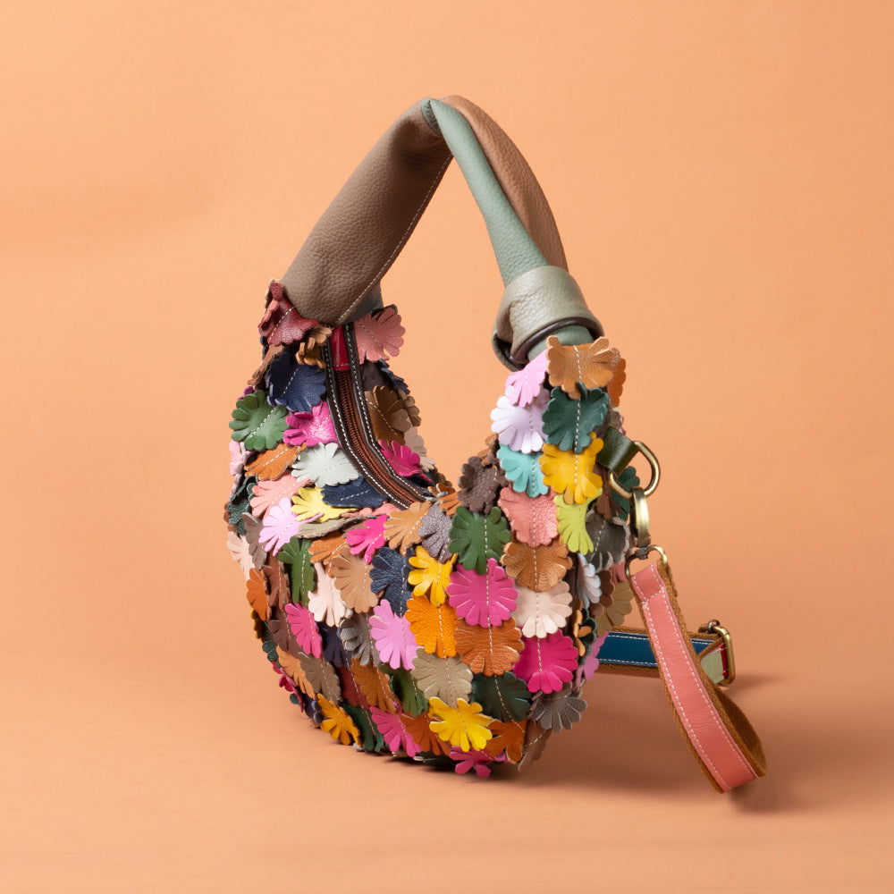 Genuine Leather Ethnic Colorful Patchwork Floral Crescent Bag for Women, New Arrival Bohemian Crossbody Shoulder Purse, Unique Designer Handbag for Ladies